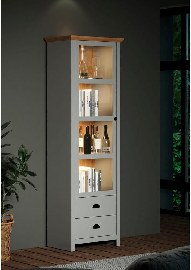 Home affaire Vitrinekast Herzwill lichtgrijs artisan eiken mat 65 x 201 cm met glasdeur