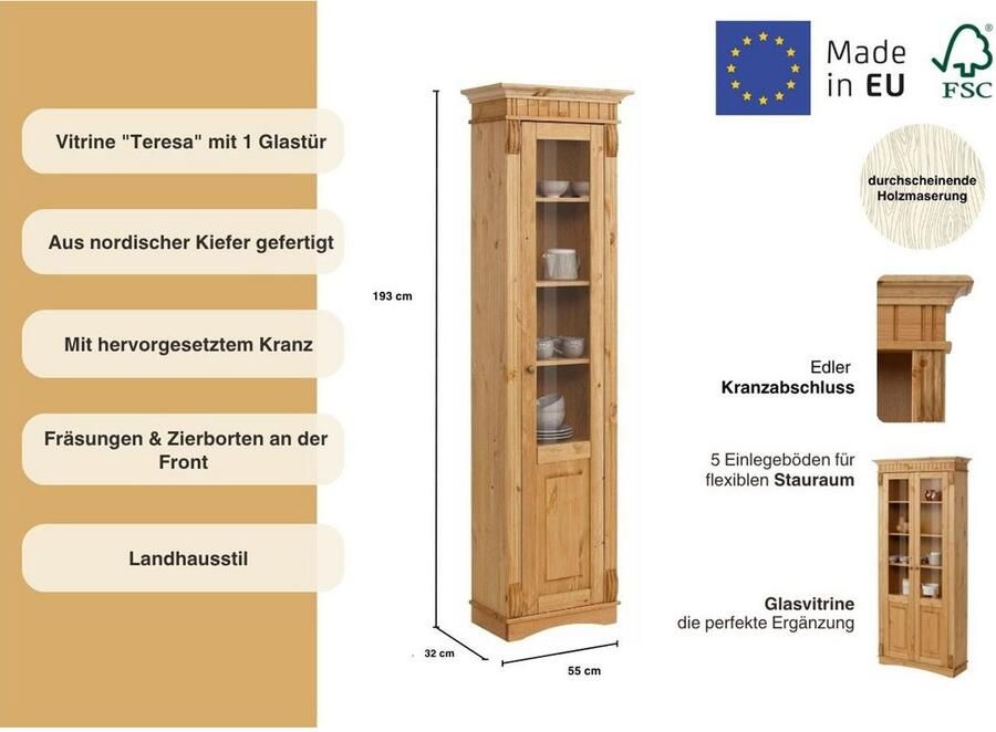Home affaire Vitrinekast Teresa met 1 glazen deur hoogte 193 cm van massief grenen fsc