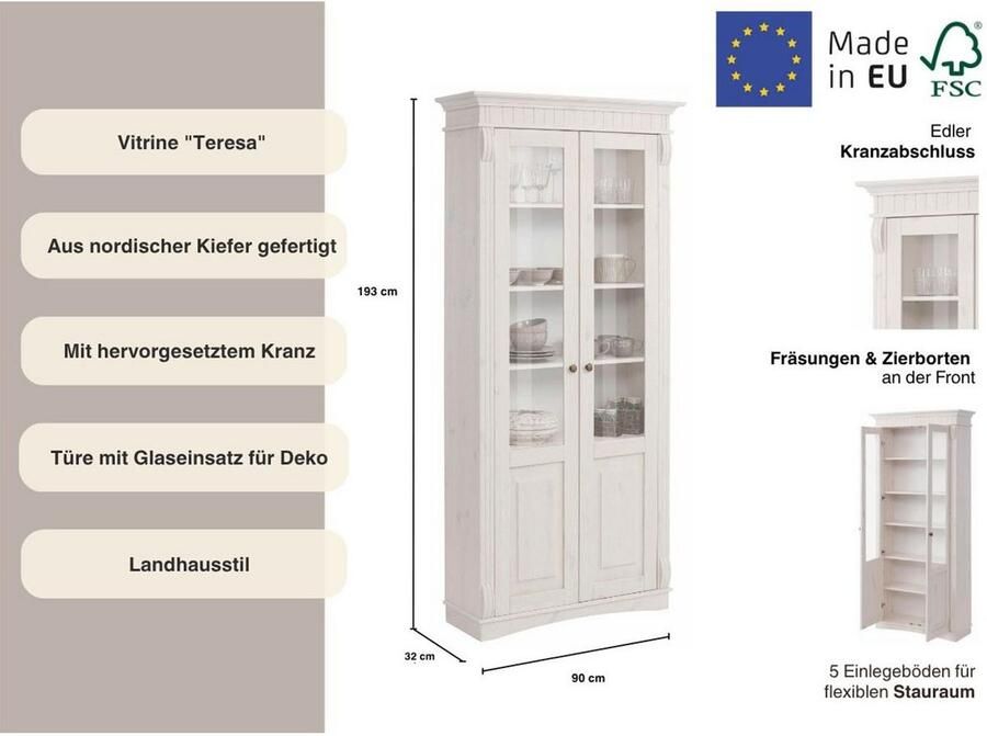 Home affaire Vitrinekast Teresa met 2 glazen deuren hoogte 193 cm van massief grenen fsc