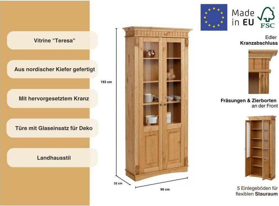 Home affaire Vitrinekast Teresa met 2 glazen deuren hoogte 193 cm van massief grenen fsc