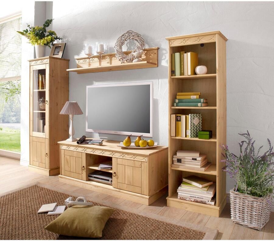 Home affaire Wandmeubel Indra 4-delig set: vitrinekast lowboard wand- & staande plank massief dennenhout (set 4-delig)