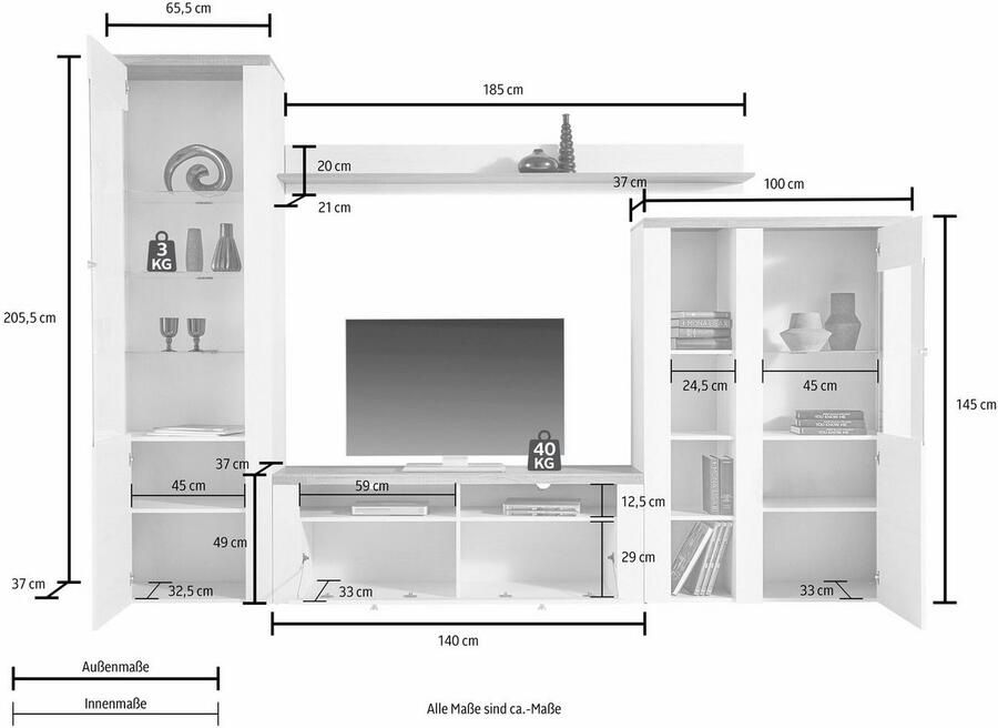 Home affaire Wandmeubel Larona aanbouwwand set van 4 delen bestaande uit 1 tv-board 1 highboard 1 vitrine 1 wandplank (set 4 stuks)