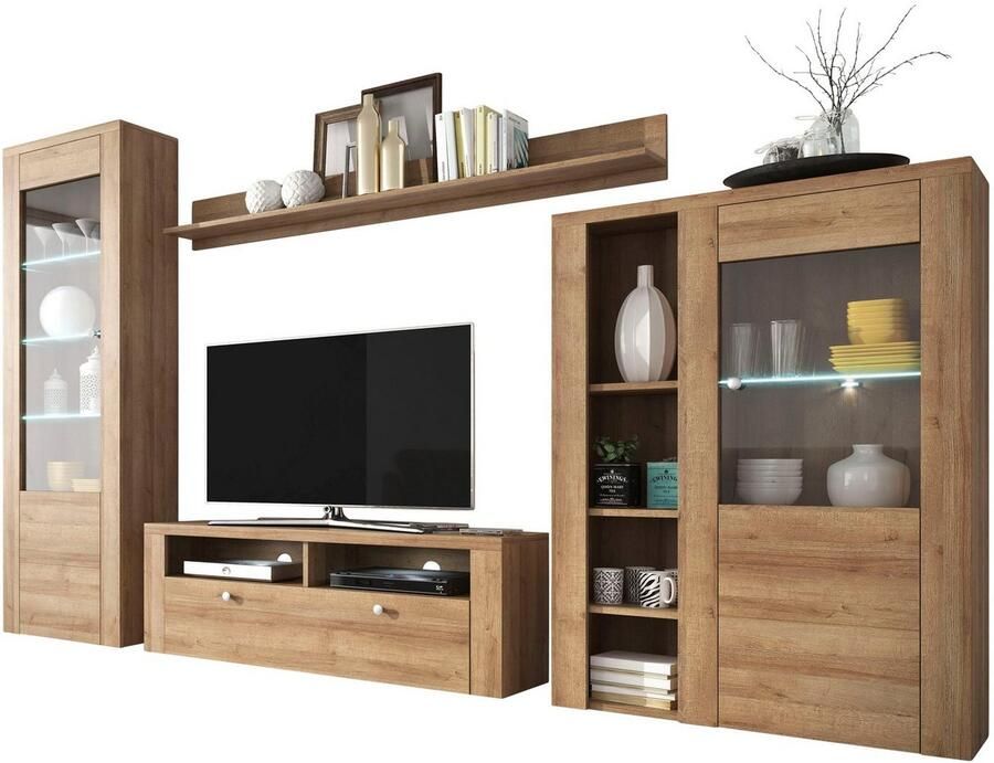 Home affaire Wandmeubel Larona aanbouwwand set van 4 delen bestaande uit 1 tv-board 1 highboard 1 vitrine 1 wandplank (set 4 stuks)