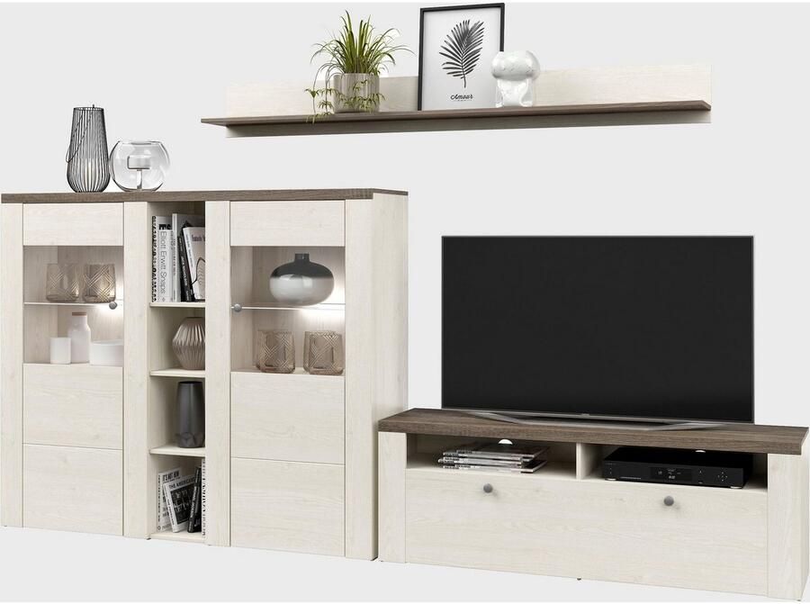 Home affaire Wandmeubel Larona Woonwand 3-delig set bestaande uit 1 tv-kast 1 hoge kast 1 wandplank (3 stuks)