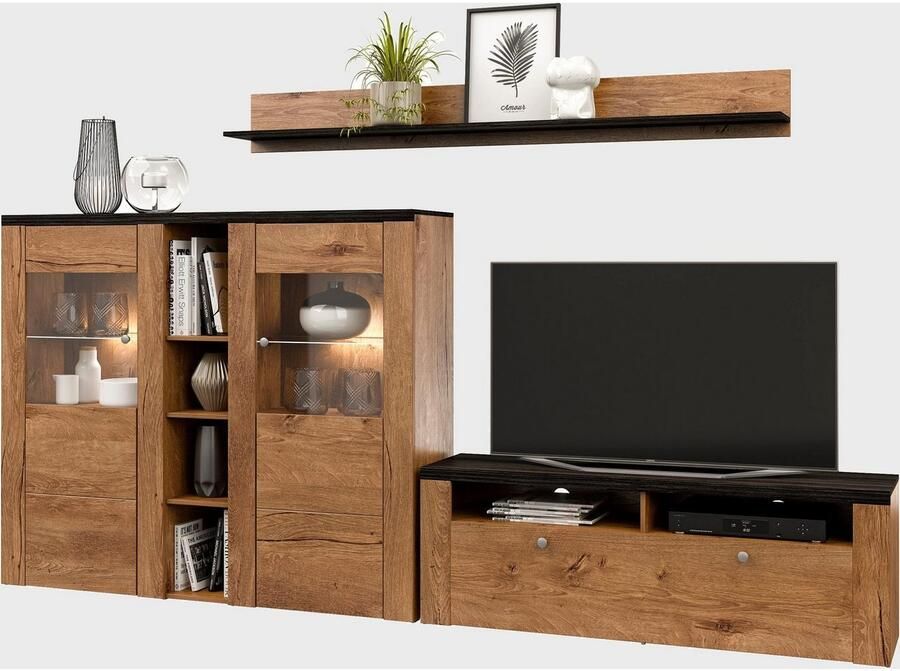 Home affaire Wandmeubel Larona Woonwand 3-delig set bestaande uit 1 tv-kast 1 hoge kast 1 wandplank (3 stuks)