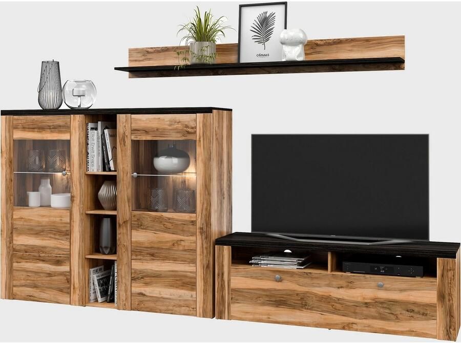 Home affaire Wandmeubel Larona Woonwand 3-delig set bestaande uit 1 tv-kast 1 hoge kast 1 wandplank (3 stuks)