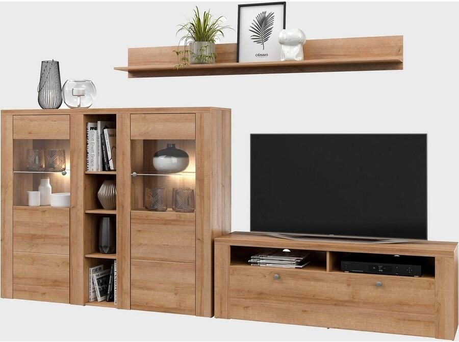 Home affaire Wandmeubel Larona Woonwand 3-delig set bestaande uit 1 tv-kast 1 hoge kast 1 wandplank (3 stuks)