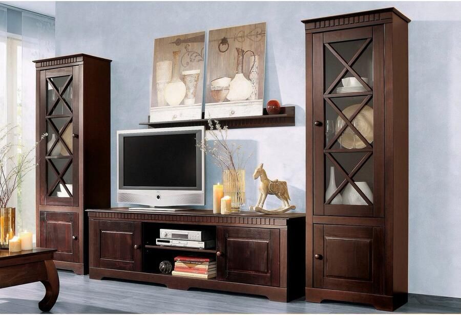 Home affaire Wandmeubel Lisa bestaand uit twee vitrinekasten en een tv-meubel massief grenenhout (set 3 stuks)