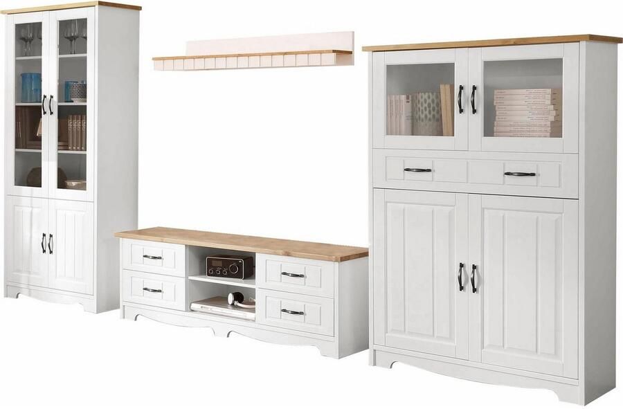 Home affaire Wandmeubel Trinidad Set van 1 vitrinekast 1 tv-meubel 1 highboard 1 wandboard (set 4-delig)