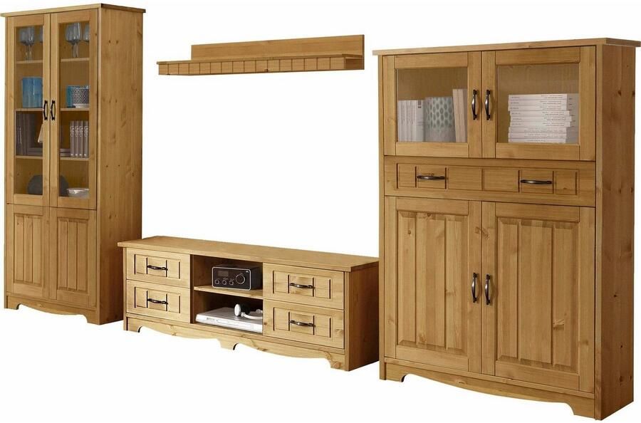 Home affaire Wandmeubel Trinidad Set van 1 vitrinekast 1 tv-meubel 1 highboard 1 wandboard (set 4-delig)