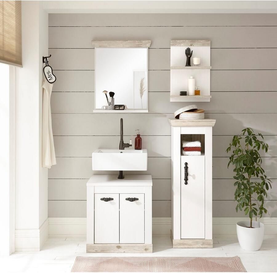 Home affaire Badkamerserie Florenz badkamer in landhuisstijl 4-delig badkamer Onderkast kast wandrek en spiegel in dennen wit opbergruimte (4-delig)