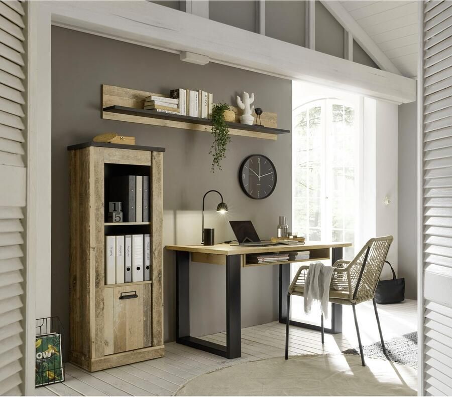 Home affaire Waskast SHERWOOD hoge kast commode in moderne houtlook met metalen apothekers handgrepen hoogte 146 cm