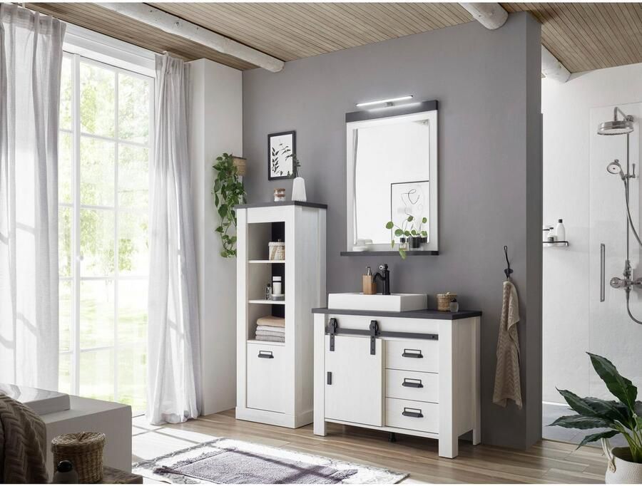 Home affaire Waskast SHERWOOD hoge kast commode in moderne houtlook met metalen apothekers handgrepen hoogte 146 cm