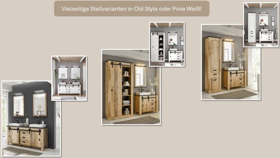 Home affaire Waskast SHERWOOD hoge kast commode in moderne houtlook met metalen apothekers handgrepen hoogte 146 cm