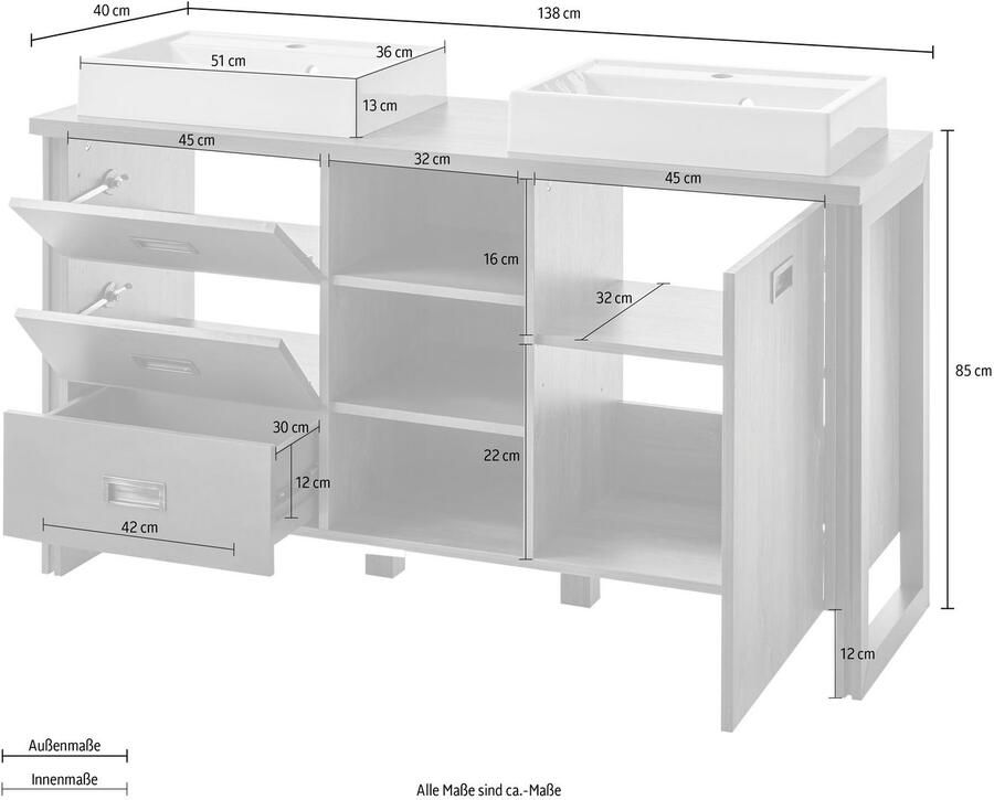 Home affaire Wastafelonderkast Detroit onderkast met apothekershandgreep badkamerkast industriële stijl