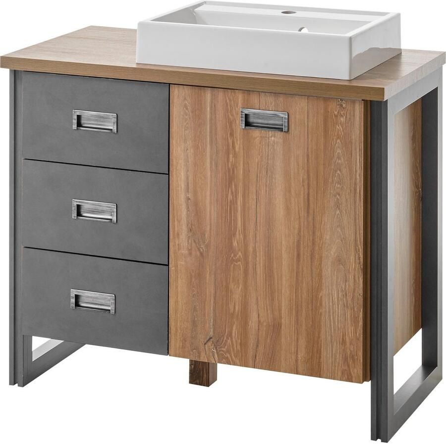 Home affaire Wastafelonderkast Detroit onderkast met apothekershandgreep badkamerkast industriële stijl Eiken decor met opbergruimte incl. mineraal gegoten wastafel breedte 91 cm