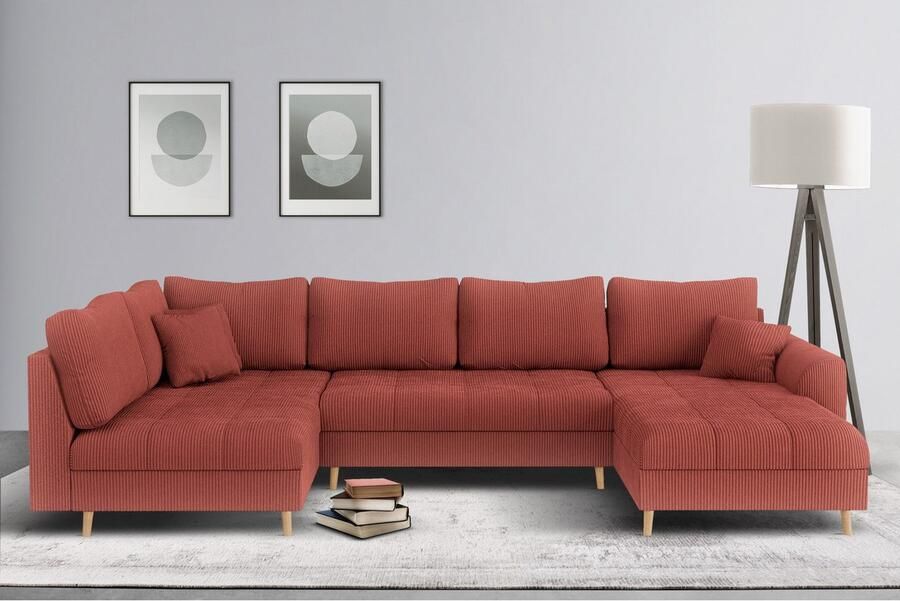 Home affaire Zithoek CHARRE U-vorm met ottomane afmetingen B D H: 310 161 81 cm fijne stiksels losse rug- en sierkussens ook in cord en bouclé