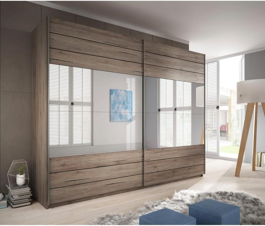 Home affaire Zweefdeurkast Galaxy breedte 200 220 of 270 cm kledingkast linnenkast met brede spiegelfront inclusief complete binnenuitrusting