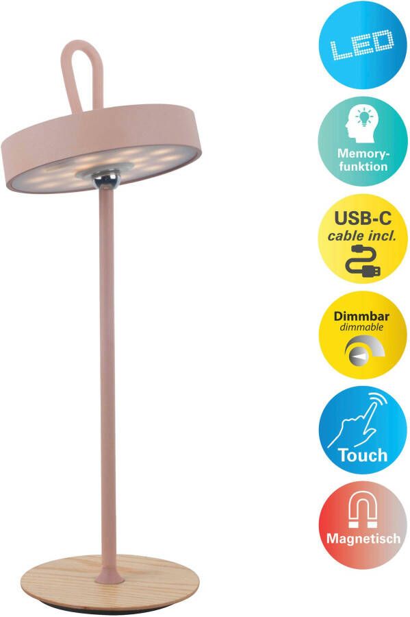 Home affaire Led-tafellamp Charmont met houten voet afneembare hoofdkant als hanglamp te gebruiken oplaadbaar incl. accu + usb-kabel hoofdeinde magnetisch afneembaar hout (1 stuk)