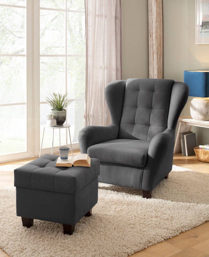 Home affaire Oorfauteuil Alexander incl. hocker met stiksels in vele kleuren (2 stuks)