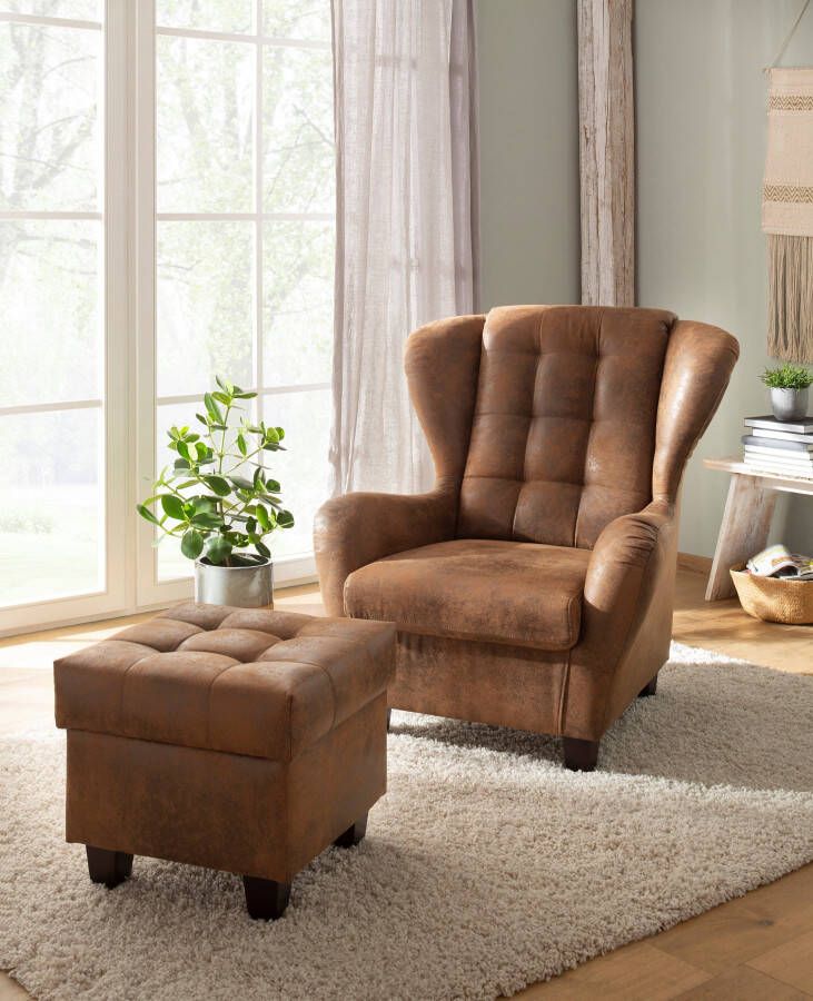 Home affaire Oorfauteuil Alexander incl. hocker met stiksels in vele kleuren (2 stuks)