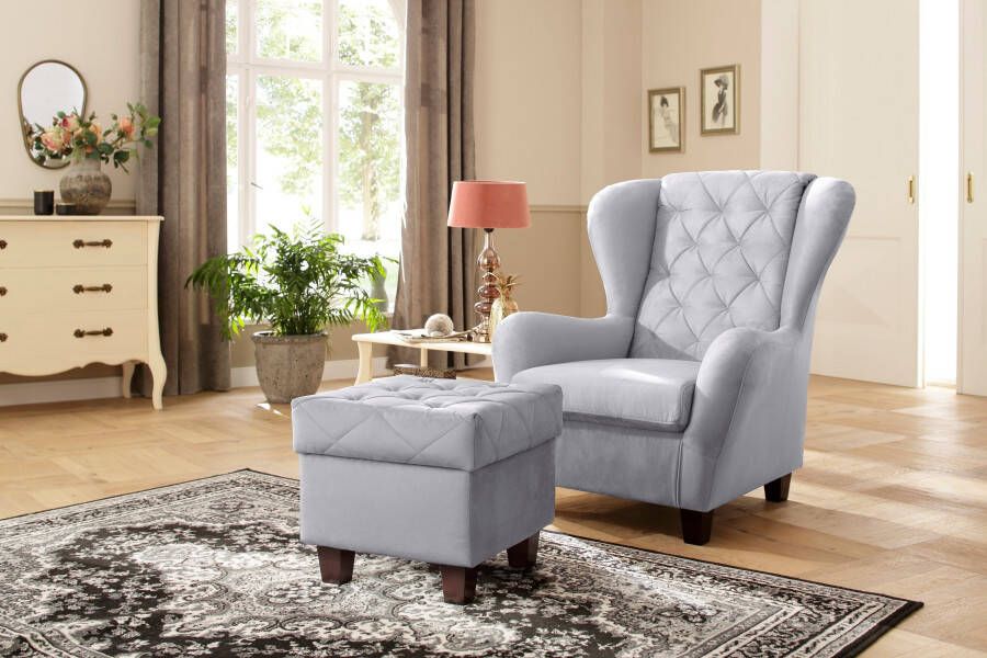 Home affaire Oorfauteuil ALEXANDRA incl. hocker met stiksels in vele kleuren (2-delig 2 stuks)