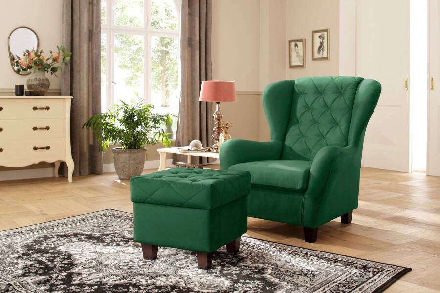 Home affaire Oorfauteuil ALEXANDRA incl. hocker met stiksels in vele kleuren (2-delig 2 stuks)