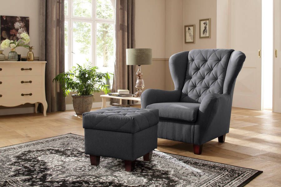 Home affaire Oorfauteuil ALEXANDRA incl. hocker met stiksels in vele kleuren (2-delig 2 stuks)