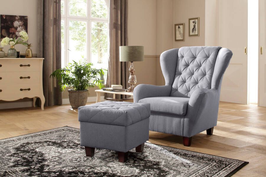 Home affaire Oorfauteuil ALEXANDRA incl. hocker met stiksels in vele kleuren (2-delig 2 stuks)