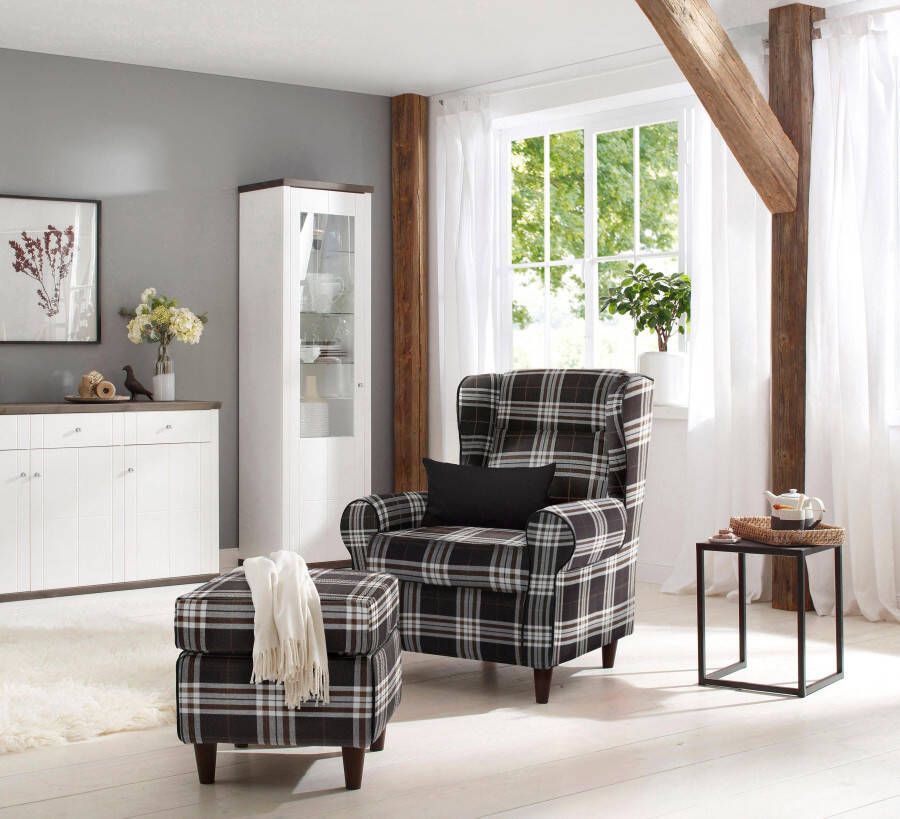 Home affaire Oorfauteuil Eric inclusief hocker in ruitstof of luxe-microvezel vintage-look