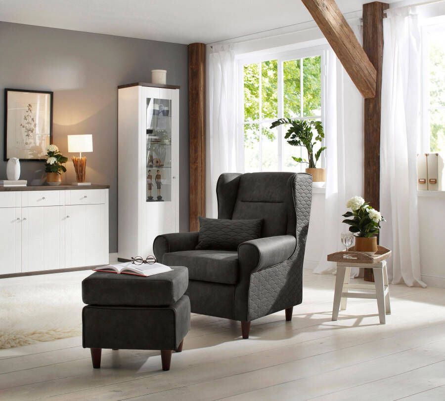 Home affaire Oorfauteuil Eric inclusief hocker in ruitstof of luxe-microvezel vintage-look