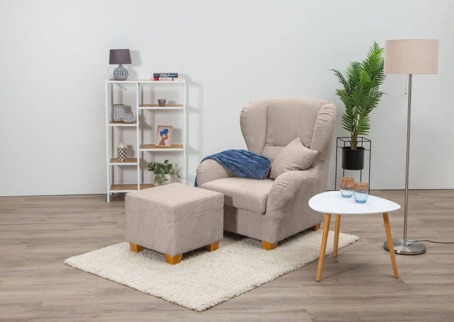 Home affaire Oorfauteuil Oliver Oorstoel met poef sierkussens klassieke vorm (2 stuks)