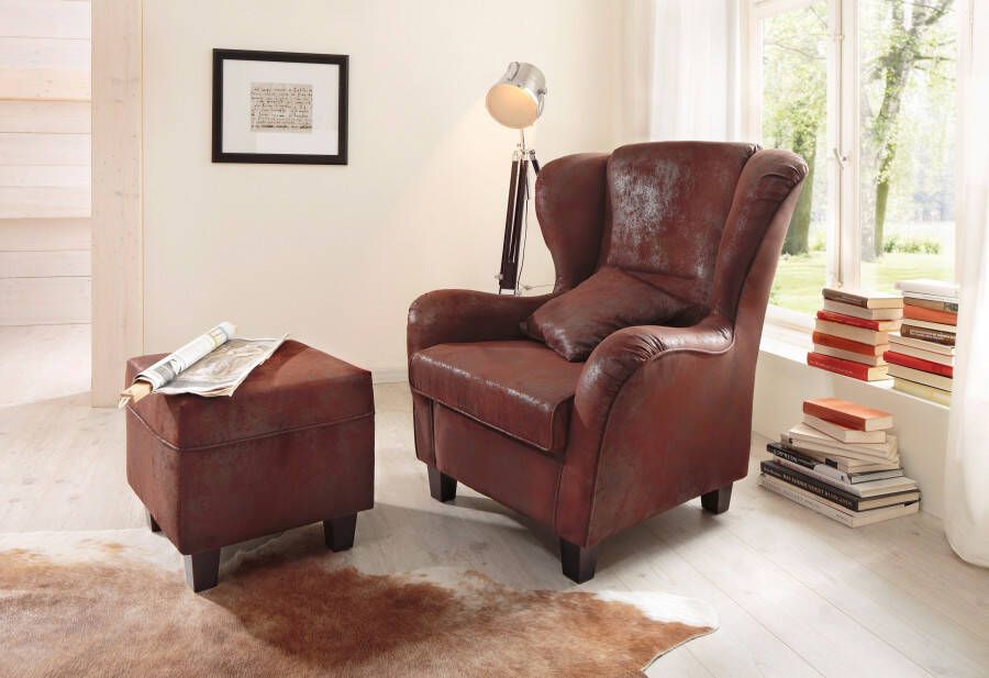 Home affaire Oorfauteuil Oliver Oorstoel met poef sierkussens klassieke vorm (2 stuks)