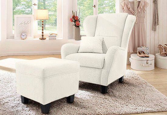 Home affaire Oorfauteuil Oliver Oorstoel met poef sierkussens klassieke vorm (2 stuks)