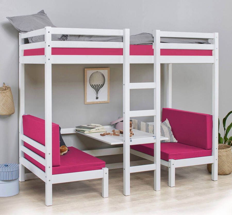 Hoppekids Hoogslaper ECO Dream JUMBO met zitgroep matrassen (boven en onder) in roze massief dennenhout mdf