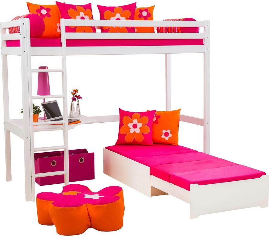 Hoppekids Hoogslaper ECO Dream 90x200 met bureau & loungebank logeerbed Kinderbed van massief hout bank uitschuifbaar tot logeerbed