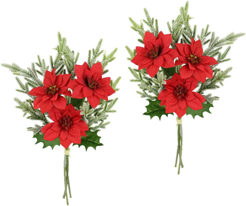 I.GE.A. Boeket kunstbloemen Boeket poinsettia dennentakken set van 2 kerstdecoratie kerstbloem boeketten decoratieve bloemen kerstster (2 stuks)