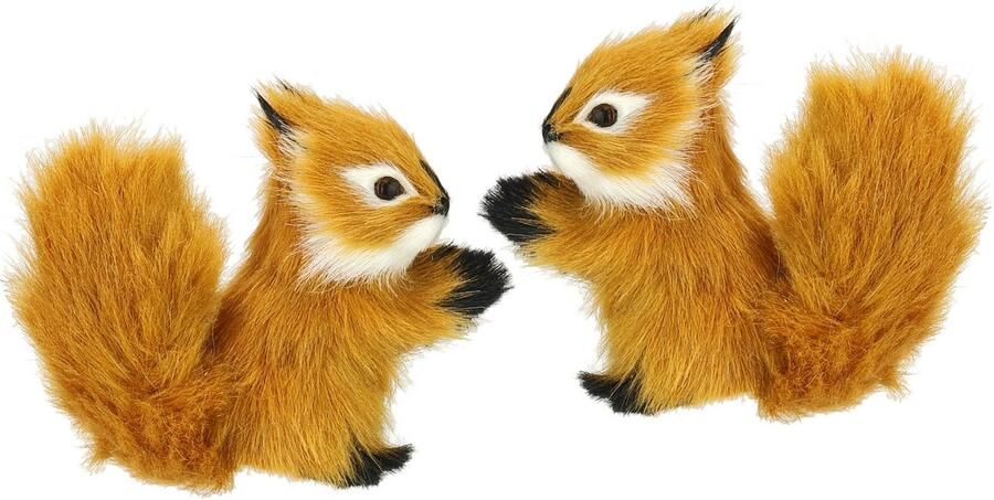 I.GE.A. Decoratief figuur Dierfiguur mini eekhoorn 2-delige set van kunstbont standbeelden ornamenten pluche dier (2 stuks)
