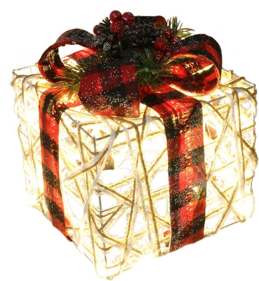 I.GE.A. Decoratief figuur Kerstfiguur lichtfiguur LED-cadeau met strik Cadeaupakket strik dennen bessen kegels kerstdecoratie verlicht (1 stuk)