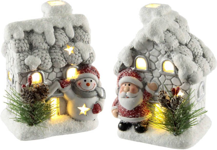 I.GE.A. Decoratief led-figuur Huis met sneeuwman Nikolaus LED-licht set van 2 huizen decor licht huis kerst kerstdecoratie adventdecoratie (2 stuks)
