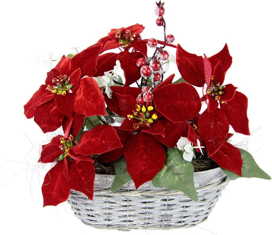 I.GE.A. Kunstbloem Arrangement Kerstster bessen in mand