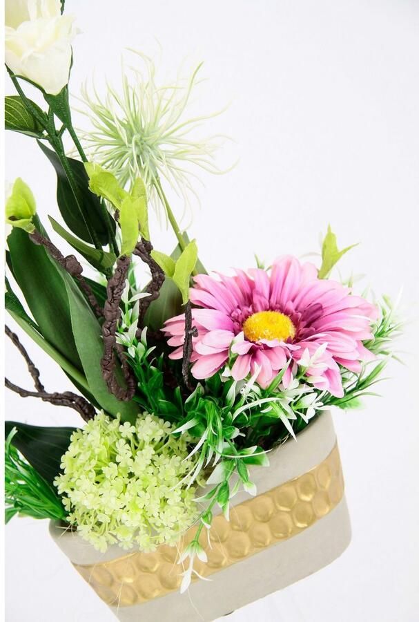 I.GE.A. Kunstbloem Arrangement ranonkel Lysianthus Plantenschaal van schors met mos (1 stuk)