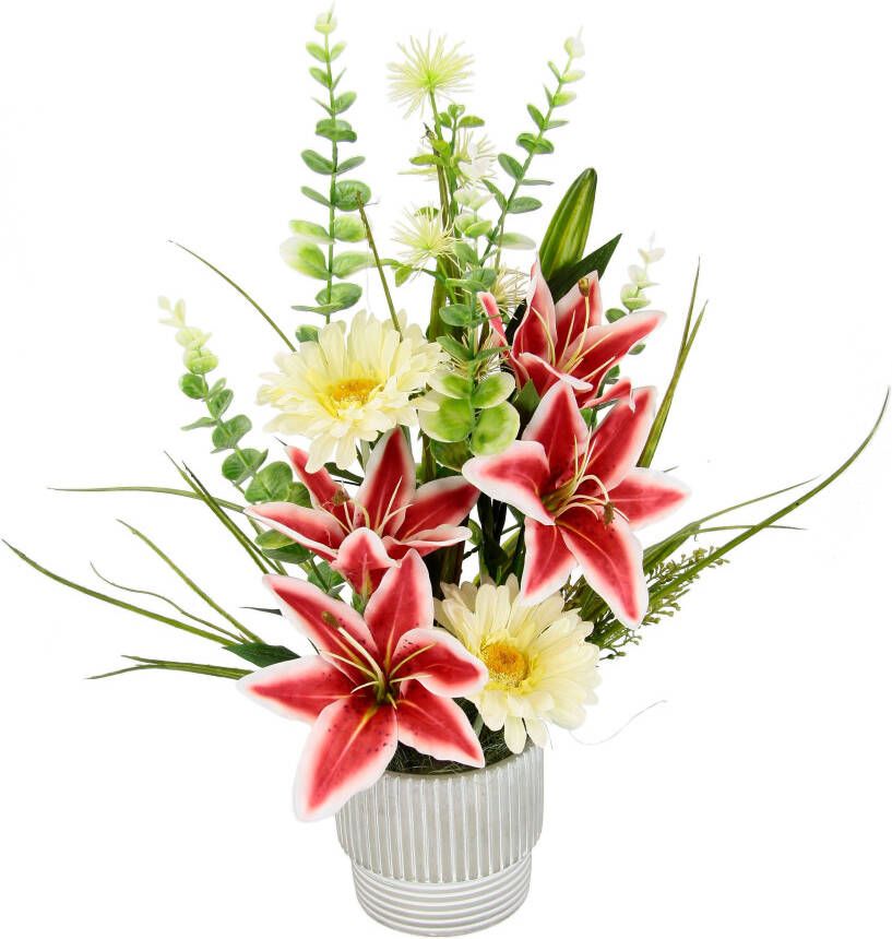 I.GE.A. Kunstbloem Bloemenarrangement van lelies en gerbera in keramische pot Decoratieve bloemen bloemenboeket zijden bloemen tafeldecoratie trouwdecoratie (1 stuk)