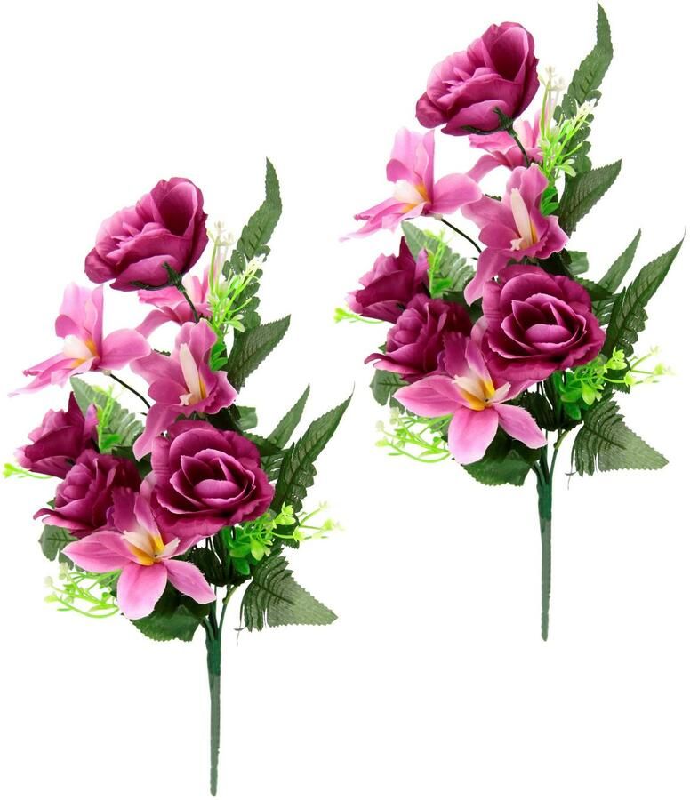 I.GE.A. Kunstbloem Boeket van orchideeën en rozen 2-delig set kunstbloemenboeket om neer te leggen of neer te zetten kunstbloemen (2 stuks)