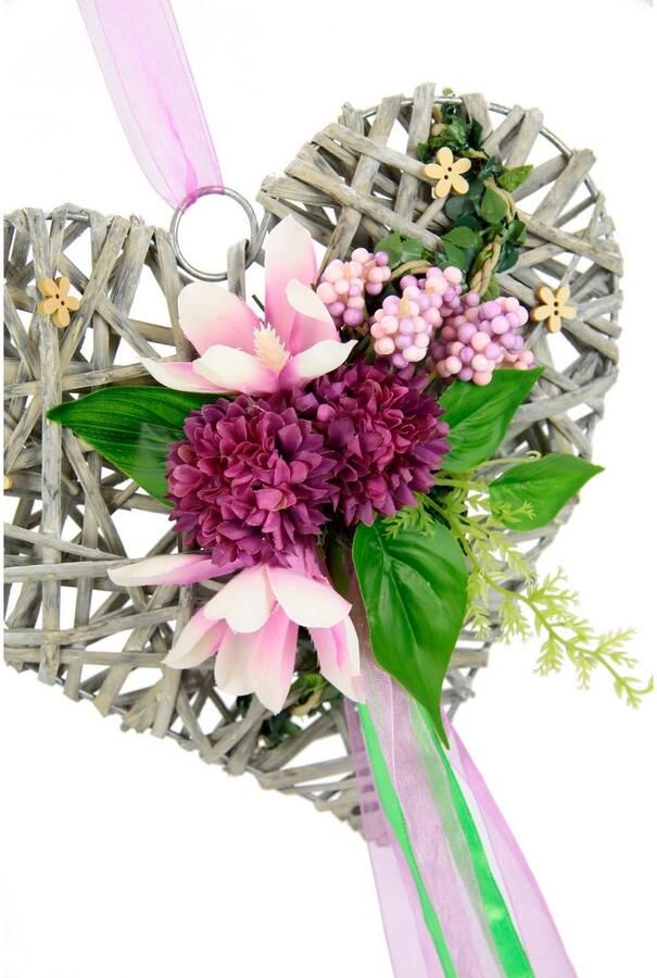 I.GE.A. Kunstkrans Hout hart met kunstmatige magnolia bessen en strik om te hangen (1 stuk)