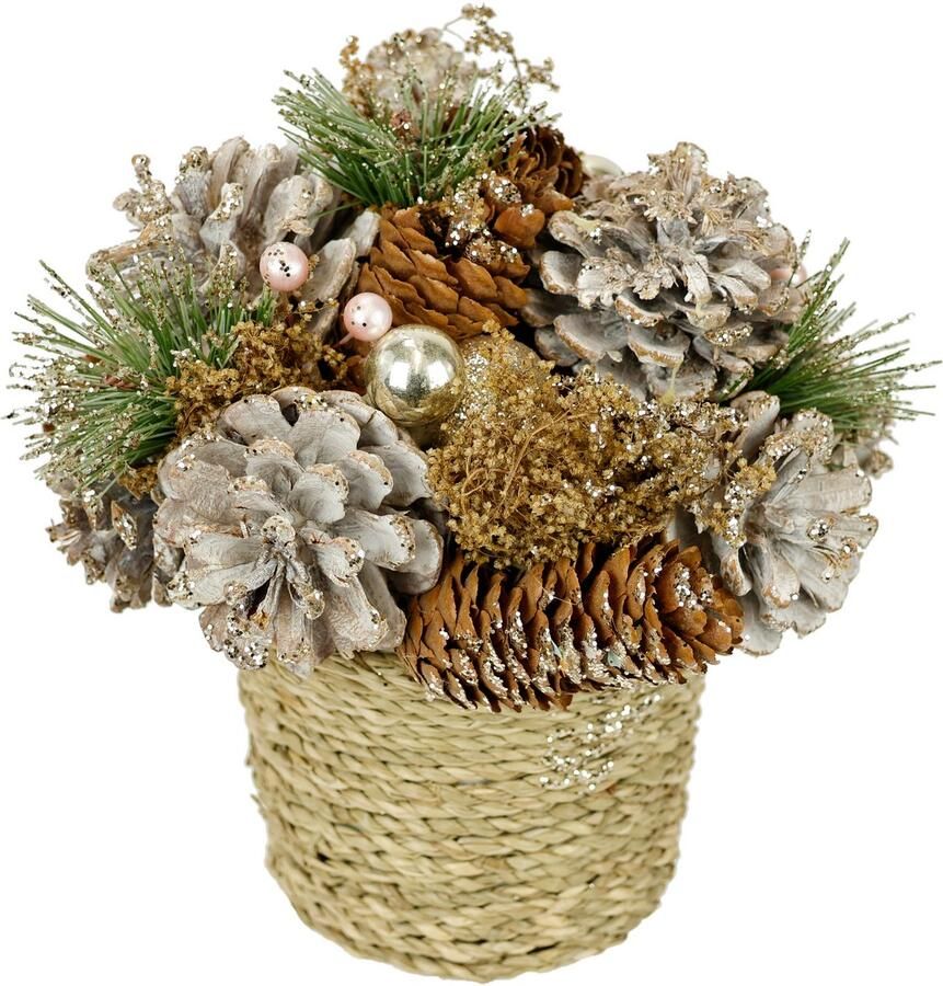 I.GE.A. Kunstplant Natuurlijk stuk kegels In de pot met kerstballen dennen arrangement kerstdecoratie tafeldecoratie (1 stuk)