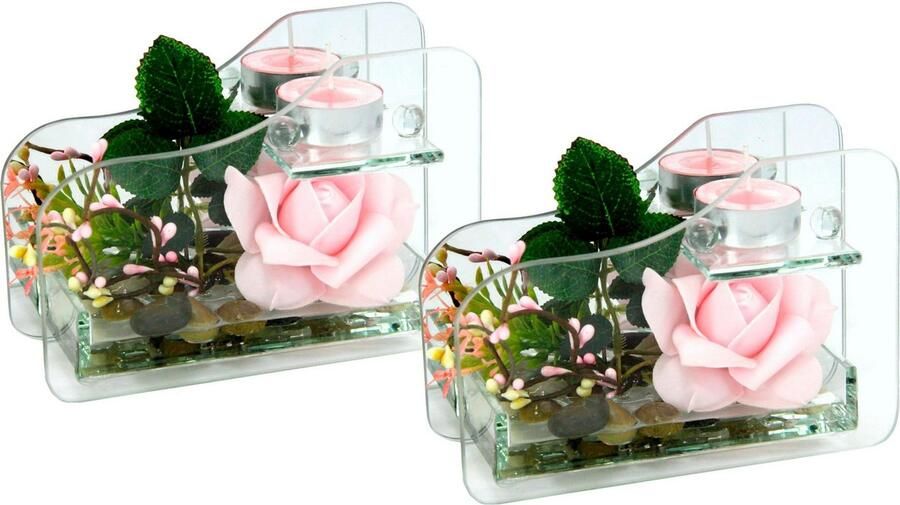I.GE.A. Kunstplant Roos in glas met waxinelichtje (set 2 stuks)