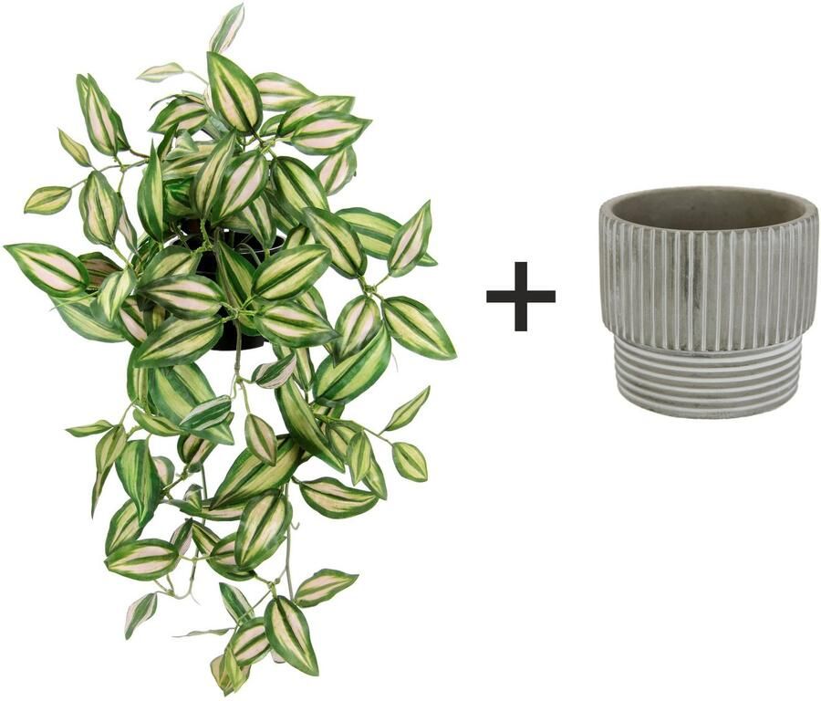 I.GE.A. Kunstplant Tradescantia hanger Met overpot kunstplant hangplant plantenampel klimplant (2 stuks)