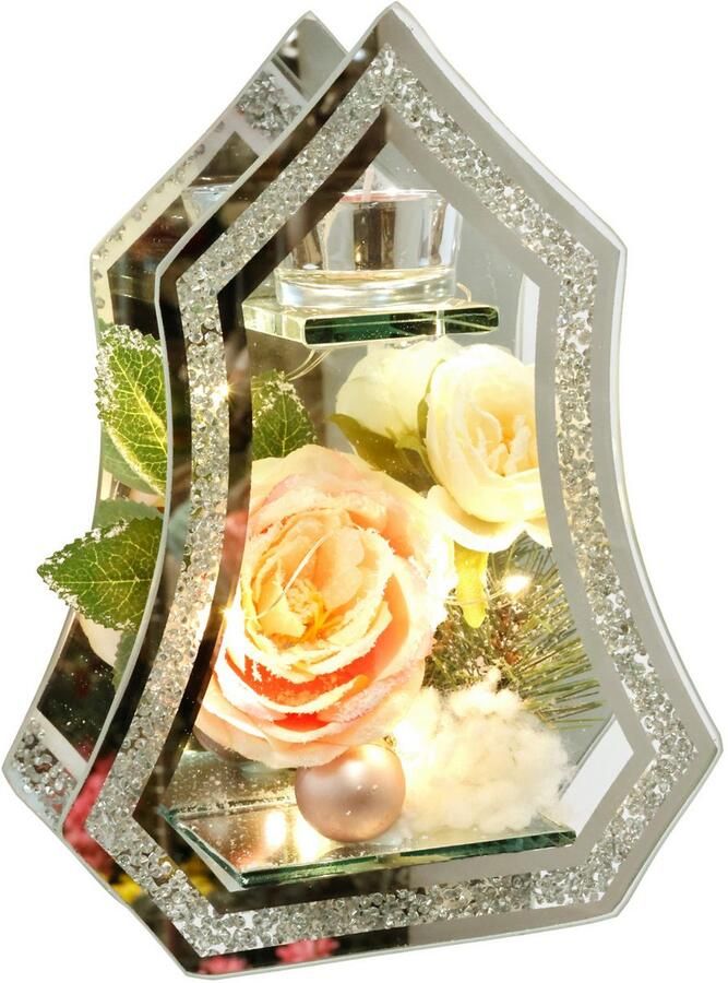 I.GE.A. Waxinelichthouder Decoratieobject met LED-licht en theelichtkaars Met roos dennen bal kunstsneeuw kerstdecoratie kaarsenhouder cadeau (1 stuk)