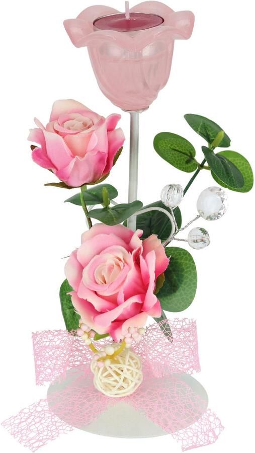 I.GE.A. Waxinelichthouder Teelichthouder 'rozen' Van metaal met glas theelichtkaars rozen eucalyptus kandelaar (1 stuk)